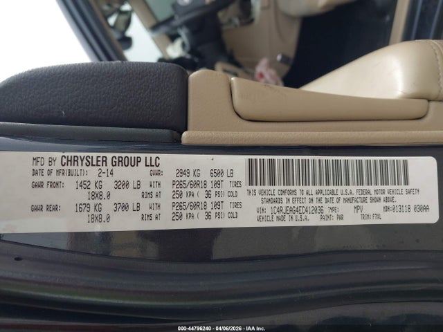 44796240 :رقم المزاد ، 1C4RJEAG4EC412036 vin ، 2014 Jeep Grand Cherokee Laredo مزاد بيع