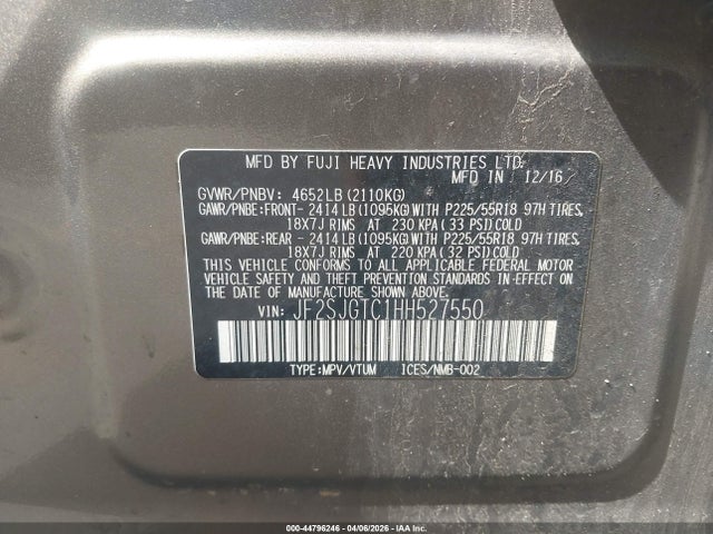 44796246 :رقم المزاد ، JF2SJGTC1HH527550 vin ، 2017 Subaru Forester 2.0xt Touring مزاد بيع