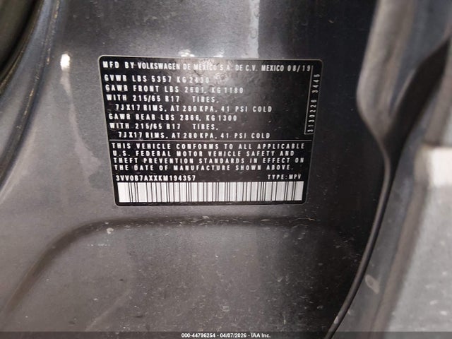 Продаж на аукціоні авто 2019 Volkswagen Tiguan 2.0t S, vin: 3VV0B7AXXKM194357, номер лоту: 44796254