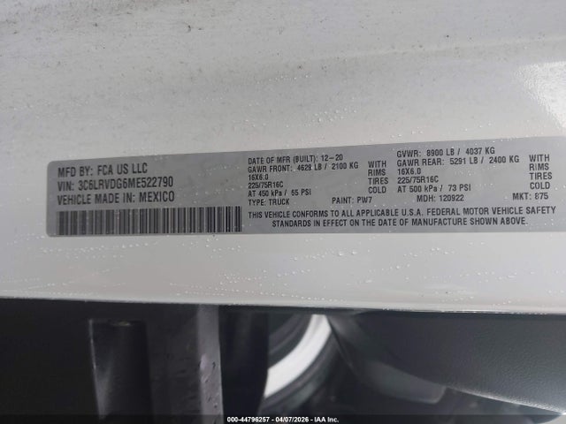 Продажа на аукционе авто 2021 Ram Promaster 2500 High Roof 159 Wb, vin: 3C6LRVDG6ME522790, номер лота: 44796257