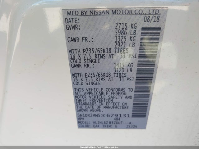 Продаж на аукціоні авто 2018 Nissan Pathfinder S, vin: 5N1DR2MM5JC679131, номер лоту: 44796268