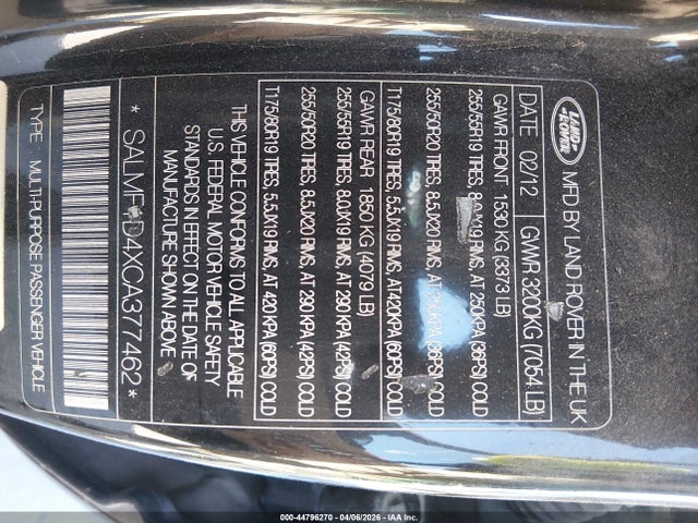 2012 LAND ROVER RANGE ROVER SALMF1D4XCA377462 Photo 8