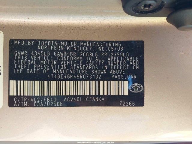 Продаж на аукціоні авто 2009 Toyota Camry Le, vin: 4T4BE46K49R073132, номер лоту: 44796289