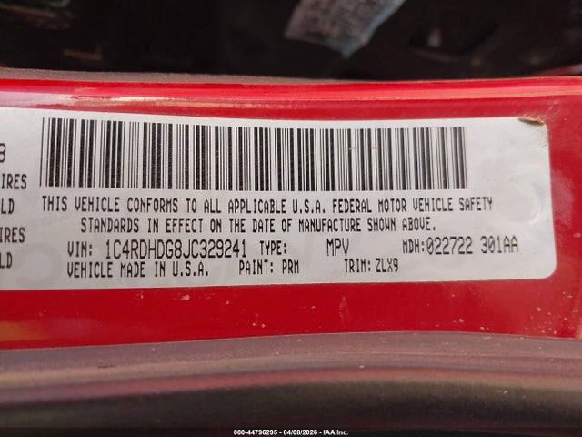 Продажа на аукционе авто 2018 Dodge Durango Gt Rwd, vin: 1C4RDHDG8JC329241, номер лота: 44796295
