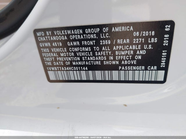 2017 Volkswagen Passat 1.8t Se მანქანა იყიდება აუქციონზე, vin: 1VWBT7A34HC001144, აუქციონის ნომერი: 44796298
