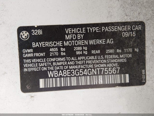 Aukcja sprzedaży 2016 Bmw 328i Xdrive, vin: WBA8E3G54GNT75567, numer aukcji: 44796299