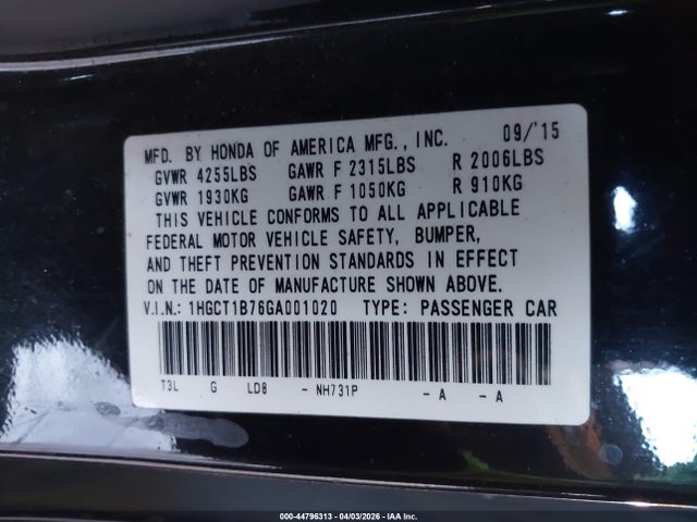Honda ACCORD EX 2016 1HGCT1B76GA001020 Image 9
