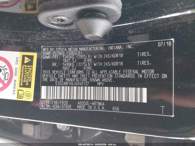 5TDZARFHXJS040137 Toyota Highlander Le