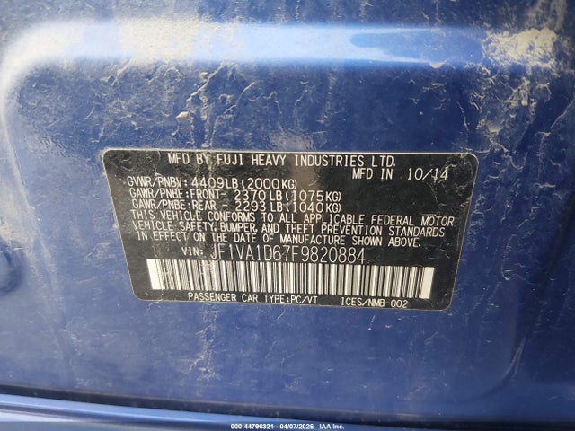44796321 :رقم المزاد ، JF1VA1D67F9820884 vin ، 2015 Subaru Wrx Premium مزاد بيع