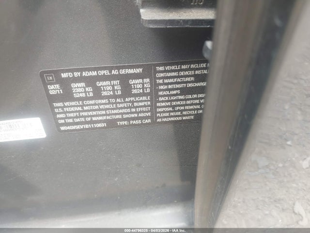 2011 Buick Regal Cxl Turbo Russelsheim მანქანა იყიდება აუქციონზე, vin: W04GV5EV1B1110631, აუქციონის ნომერი: 44796325