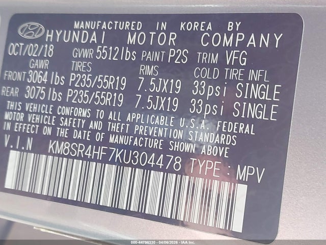 44796330 :رقم المزاد ، KM8SR4HF7KU304478 vin ، 2019 Hyundai Santa Fe Xl Limited Ultimate مزاد بيع
