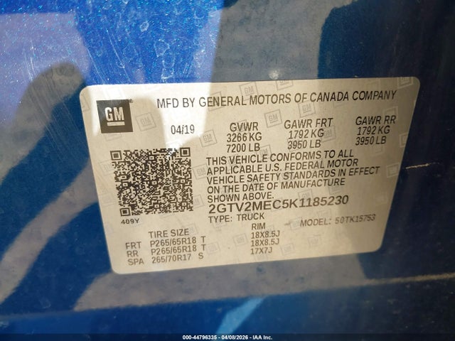 44796335 :رقم المزاد ، 2GTV2MEC5K1185230 vin ، 2019 Gmc Sierra 1500 Limited Sle مزاد بيع