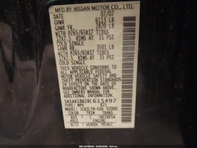 2008 Nissan Pathfinder Se მანქანა იყიდება აუქციონზე, vin: 5N1AR18B28C615497, აუქციონის ნომერი: 44796348