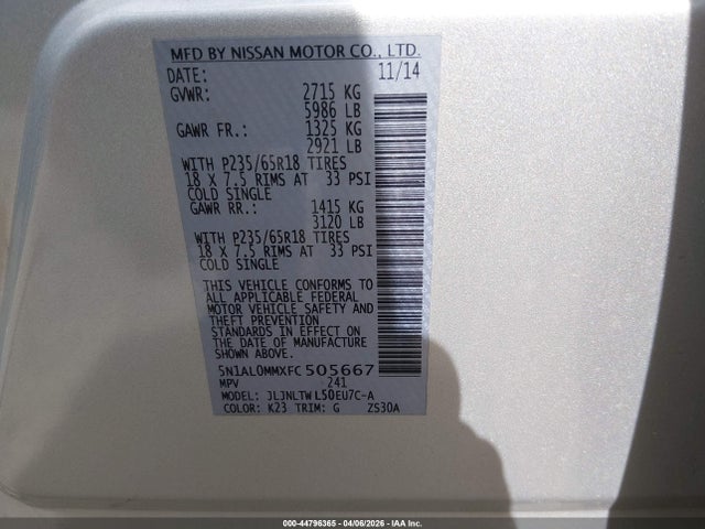 Продаж на аукціоні авто 2015 Infiniti Qx60, vin: 5N1AL0MMXFC505667, номер лоту: 44796365