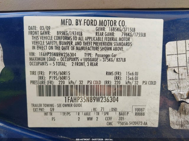 2009 Ford Focus Se მანქანა იყიდება აუქციონზე, vin: 1FAHP35N89W236304, აუქციონის ნომერი: 44796367