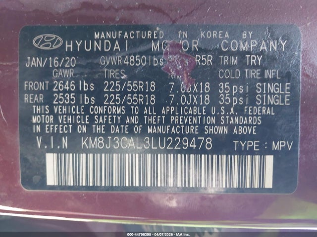 Продажа на аукционе авто 2020 Hyundai Tucson Ultimate, vin: KM8J3CAL3LU229478, номер лота: 44796395
