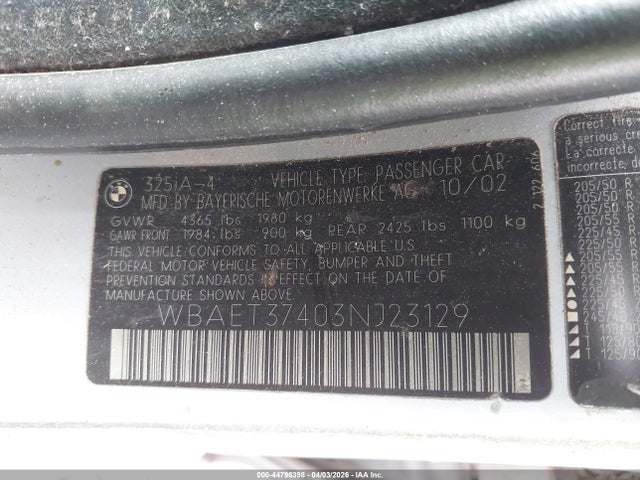 2003 Bmw 325i მანქანა იყიდება აუქციონზე, vin: WBAET37403NJ23129, აუქციონის ნომერი: 44796398