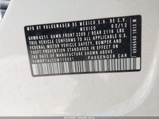 Продаж на аукціоні авто 2012 Volkswagen Jetta 2.5l Se, vin: 3VWDP7AJ2CM115551, номер лоту: 44796399