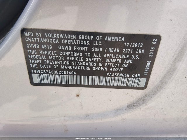 Aukcja sprzedaży 2014 Volkswagen Passat 1.8t Sel Premium, vin: 1VWCS7A33EC061404, numer aukcji: 44796401