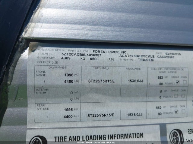 Продаж на аукціоні авто 2020 Coachmen Catalina 323bhdsck, vin: 5ZT2CAXB8LX016387, номер лоту: 44796404