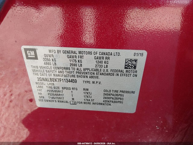 2015 Chevrolet Equinox 1lt მანქანა იყიდება აუქციონზე, vin: 2GNALBEK7F1134459, აუქციონის ნომერი: 44796412