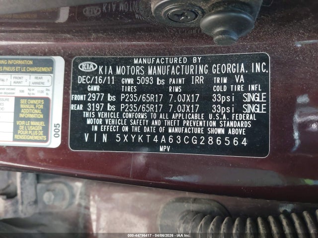 Aukcja sprzedaży 2012 Kia Sorento Lx, vin: 5XYKT4A63CG286564, numer aukcji: 44796417