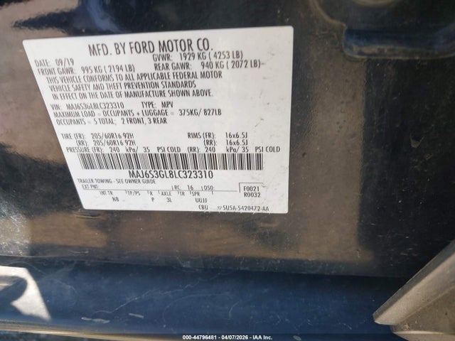 2020 Ford Ecosport Se მანქანა იყიდება აუქციონზე, vin: MAJ6S3GL8LC323310, აუქციონის ნომერი: 44796481