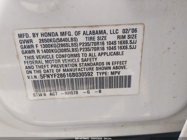 2006 HONDA PILOT 5FNYF28616B030592 Photo 8