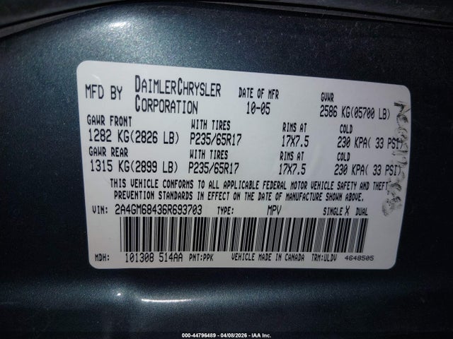 2006 Chrysler Pacifica Touring მანქანა იყიდება აუქციონზე, vin: 2A4GM68436R693703, აუქციონის ნომერი: 44796489
