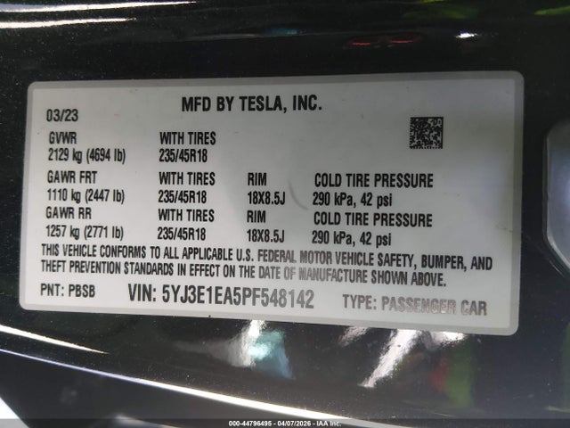 Aukcja sprzedaży 2023 Tesla Model 3 Rear-wheel Drive, vin: 5YJ3E1EA5PF548142, numer aukcji: 44796495