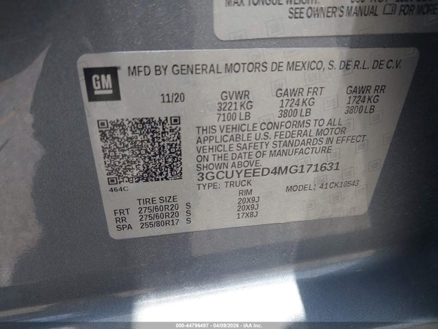 Aukcja sprzedaży 2021 Chevrolet Silverado 1500 4wd  Short Bed Rst, vin: 3GCUYEED4MG171631, numer aukcji: 44796497