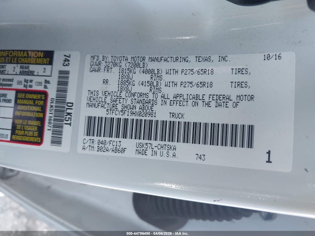 5TFCY5F19HX020981 Toyota Tundra Sr5 5.7l V8