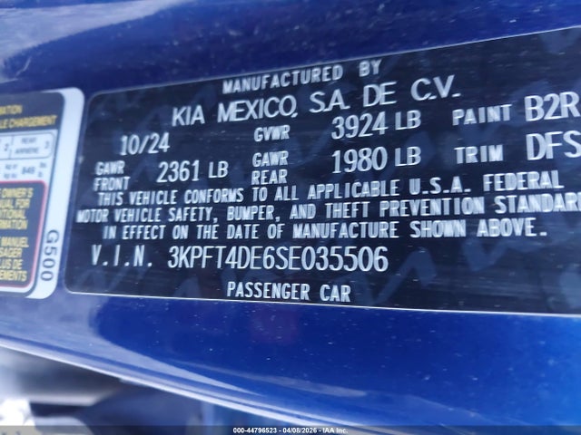Aukcja sprzedaży 2025 Kia K4 Lxs, vin: 3KPFT4DE6SE035506, numer aukcji: 44796523