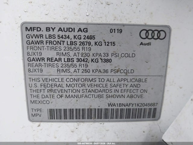 Aukcja sprzedaży 2019 Audi Q5 45 Premium, vin: WA1BNAFY1K2045687, numer aukcji: 44796534
