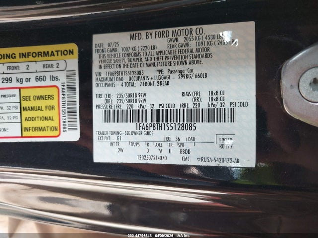 44796548 :رقم المزاد ، 1FA6P8TH1S5128085 vin ، 2025 Ford Mustang Ecoboost Fastback مزاد بيع