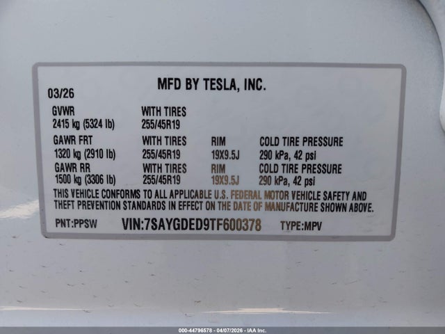 Aukcja sprzedaży 2026 Tesla Model Y Premium Rear-wheel Drive/standard Rear-wheel Drive, vin: 7SAYGDED9TF600378, numer aukcji: 44796578