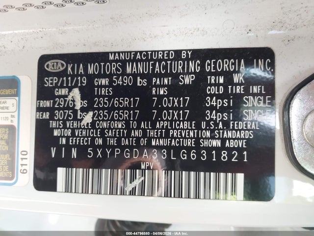Продажа на аукционе авто 2020 Kia Sorento 2.4l Lx, vin: 5XYPGDA33LG631821, номер лота: 44796580