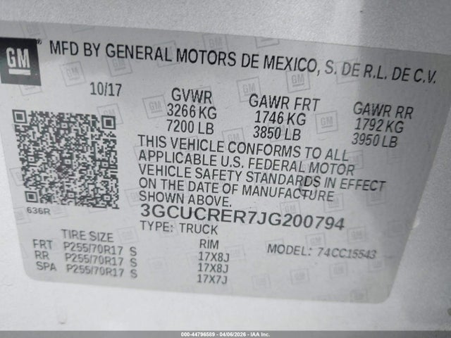 Aukcja sprzedaży 2018 Chevrolet Silverado 1500 1lt, vin: 3GCUCRER7JG200794, numer aukcji: 44796589