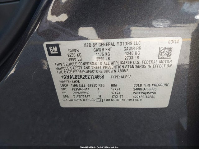 1GNALBEK2EZ124668 Chevrolet EQUINOX 1LT