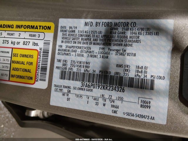 44796605 :رقم المزاد ، 3FA6P0T92KR234326 vin ، 2019 Ford Fusion Se مزاد بيع