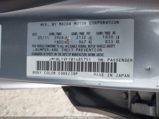 Aukcja sprzedaży 2011 Mazda Mazda3 I Touring, vin: JM1BL1VF1B1485751, numer aukcji: 44796613
