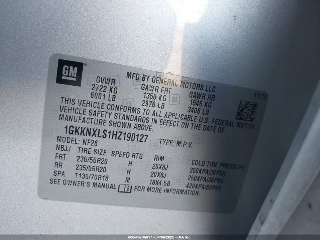 44796617 :رقم المزاد ، 1GKKNXLS1HZ190127 vin ، 2017 Gmc Acadia Denali مزاد بيع