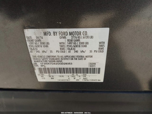 Ford EXPLORER XLT 2016 1FM5K7D82GGD29353 Image 9