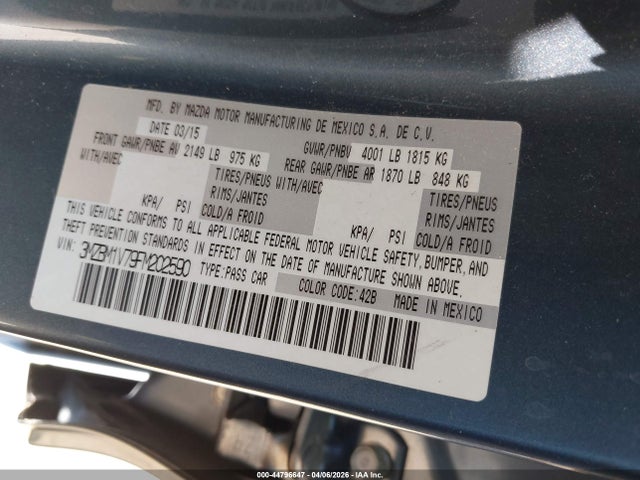 44796647 :رقم المزاد ، 3MZBM1V79FM202590 vin ، 2015 Mazda Mazda3 مزاد بيع