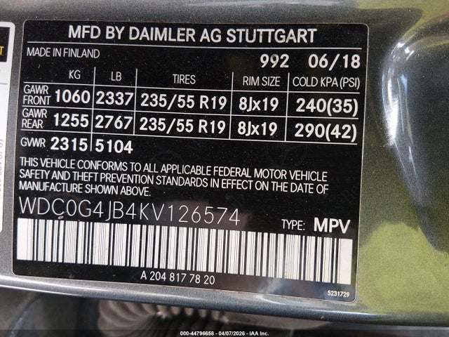 Aukcja sprzedaży 2019 Mercedes-benz Glc 300, vin: WDC0G4JB4KV126574, numer aukcji: 44796658