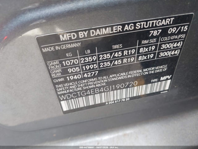 Aukcja sprzedaży 2016 Mercedes-benz Gla 250, vin: WDCTG4EB4GJ190720, numer aukcji: 44796661