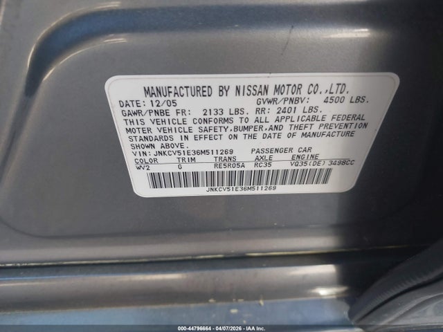 44796664 :رقم المزاد ، JNKCV51E36M511269 vin ، 2006 Infiniti G35 مزاد بيع
