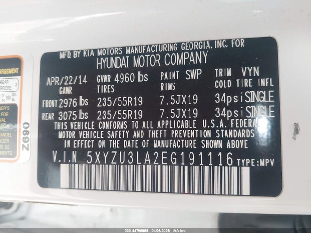 5XYZU3LA2EG191116 Hyundai Santa Fe Sport 2.0l Turbo