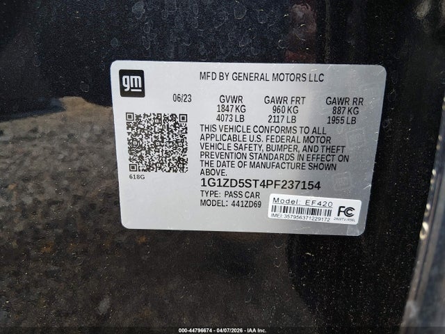 44796674 :رقم المزاد ، 1G1ZD5ST4PF237154 vin ، 2023 Chevrolet Malibu Fwd 1lt مزاد بيع