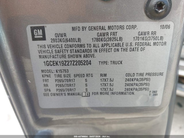 2007 Chevrolet Silverado 1500 Classic Lt1 მანქანა იყიდება აუქციონზე, vin: 1GCEK19Z27Z205204, აუქციონის ნომერი: 44796684